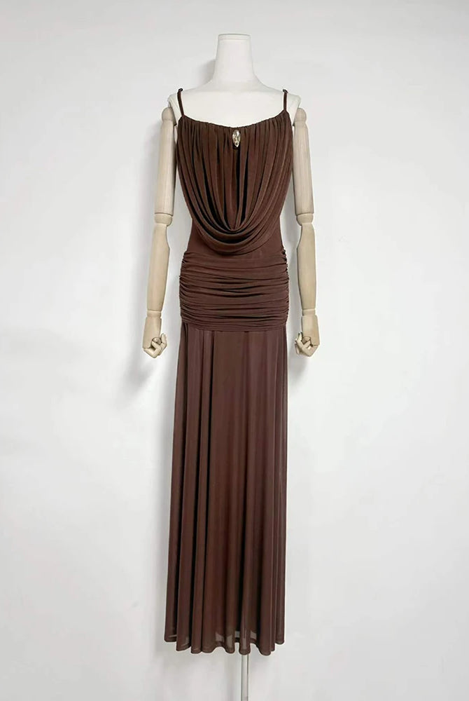 Trend4us Luxe Draped Cowl Sheer Maxi Dress - Coffee