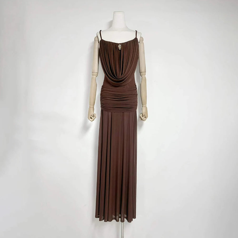 Trend4us Luxe Draped Cowl Sheer Maxi Dress - Coffee