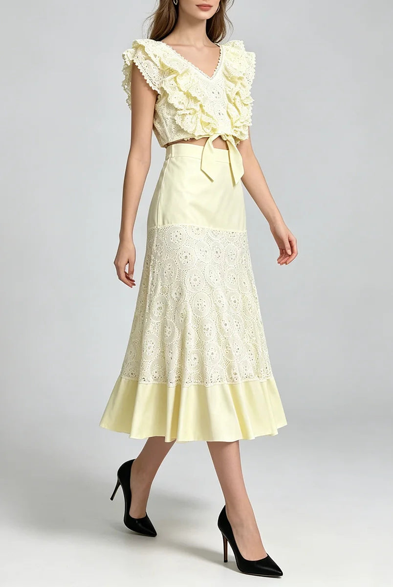 Trend4us Luxe Eyelet Lace Ruffle Crop Top & Midi Skirt Set