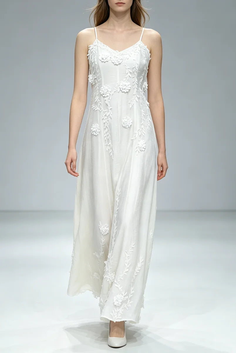 Trend4us Luxe Floral Appliqué Open-Back Maxi Dress - White