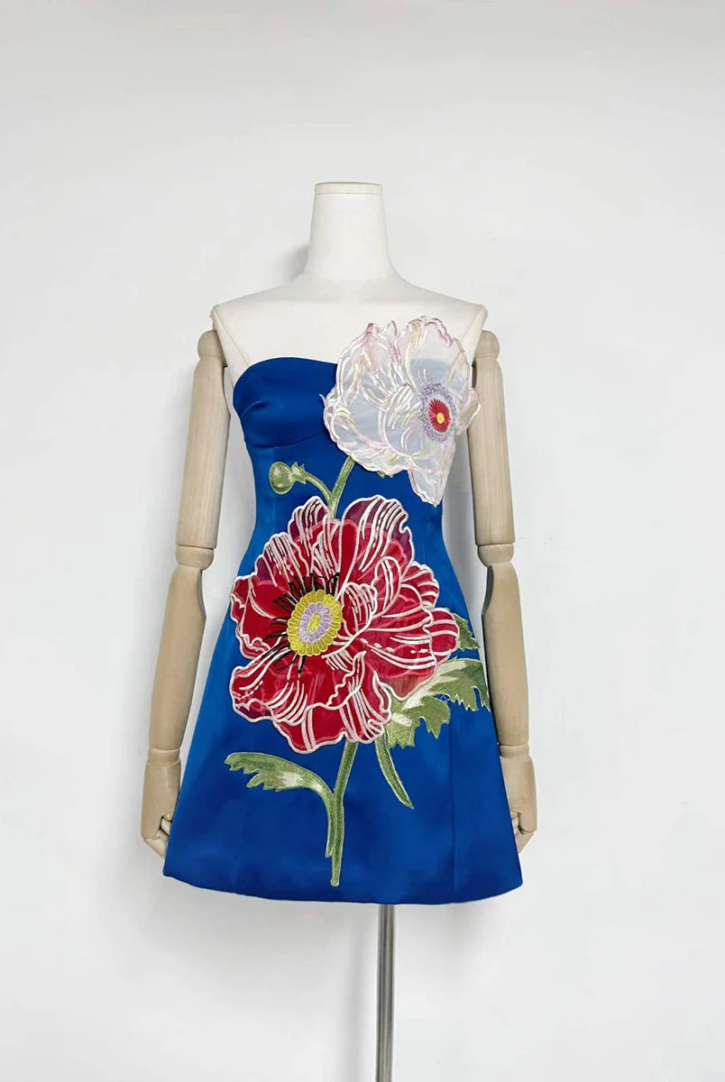 Trend4us Luxe Floral Appliqué Strapless High Waist Mini Dress