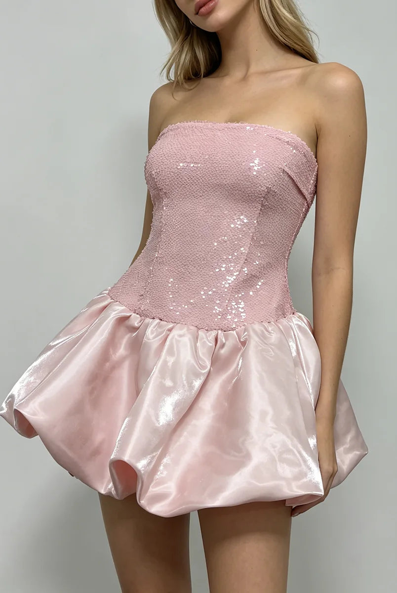 Trend4us Luxe Strapless Sequin Bubble Hem Mini Dress