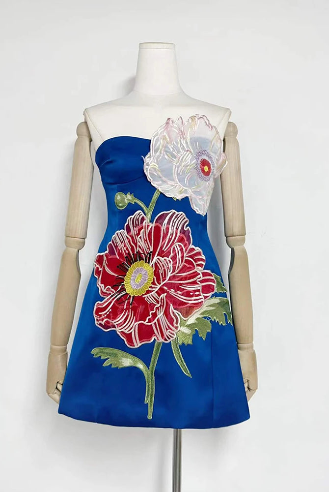 Trend4us Luxe Floral Appliqué Strapless High Waist Mini Dress - Blue