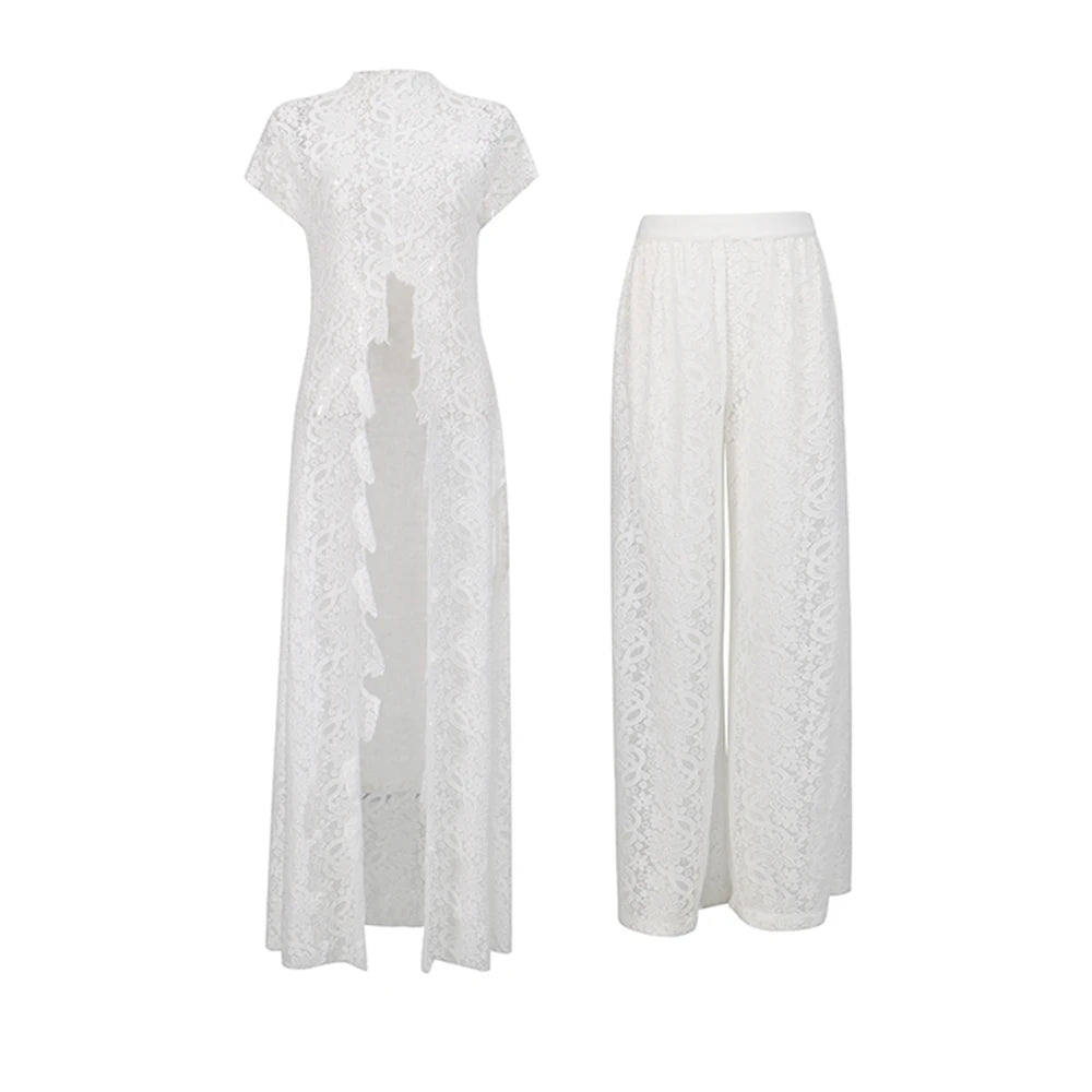 Trend4us Luxe Sheer Lace Cutout Top & Wide-Leg Pants Set - White
