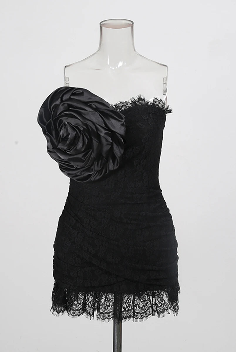 Trend4us Luxe Strapless Rosette Ruched Lace Mini Dress