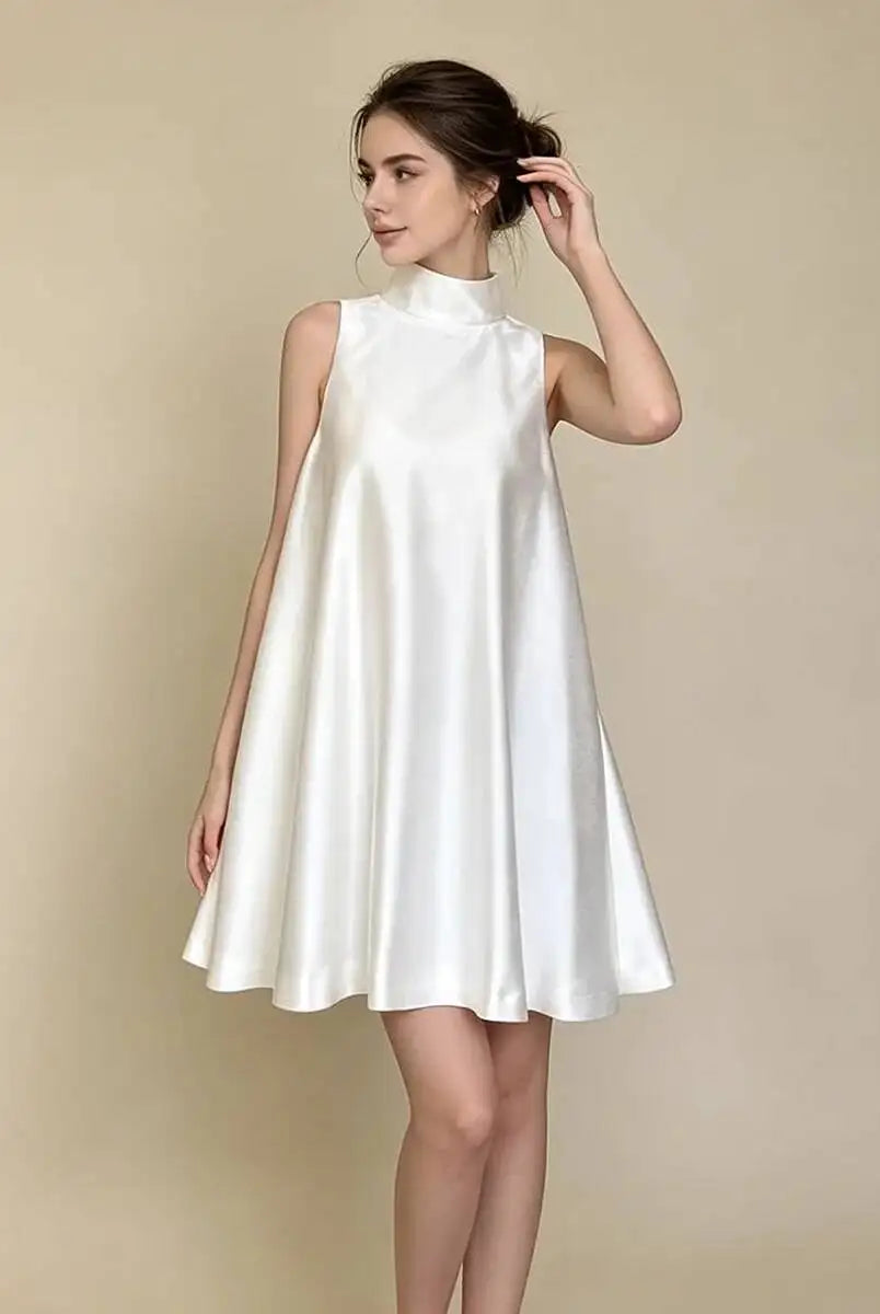 Trend4us Elegant Satin High Neck Swing Mini Dress