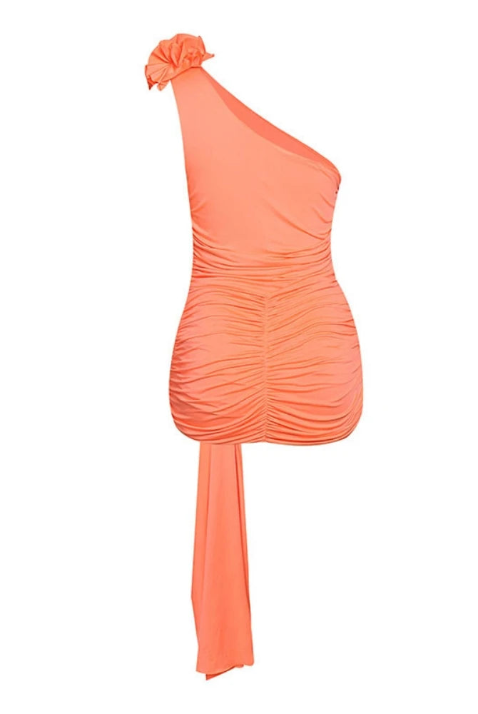 Trend4us Luxe Rosette One-Shoulder Ruched Draped Mini Dress
