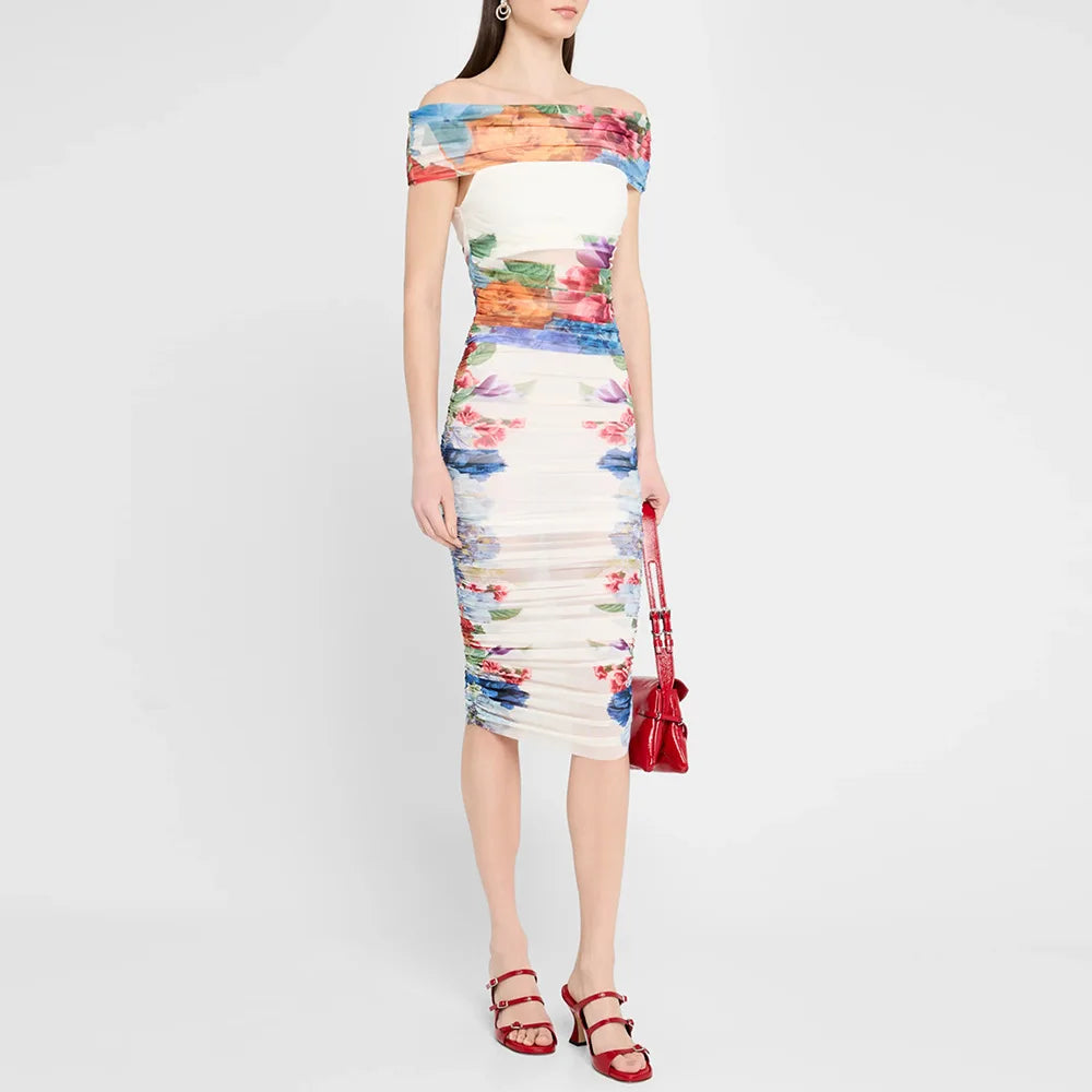 Off-Shoulder Draped Top & Ruched Skirt Set front view