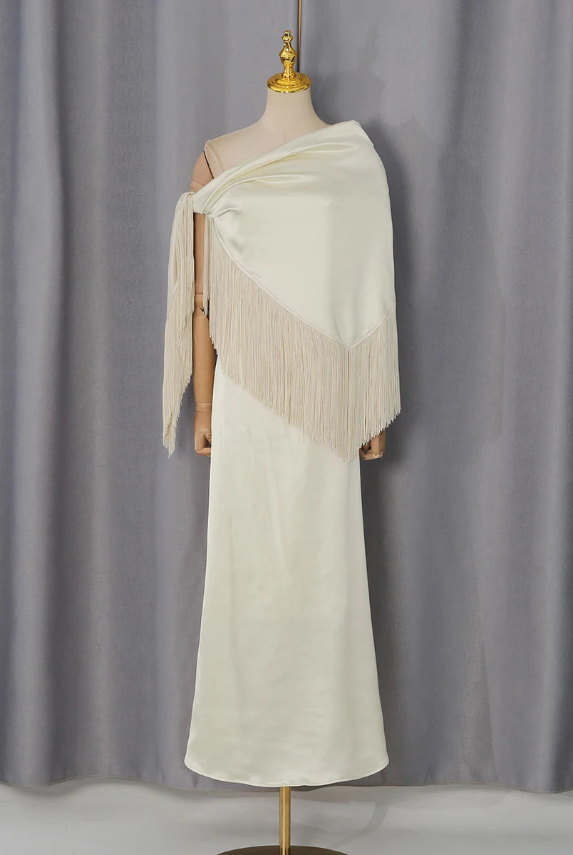 Trend4us Luxe Satin Fringe Shawl One-Shoulder Evening Dress