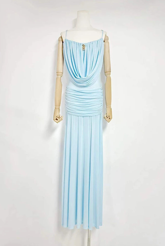 Trend4us Luxe Draped Cowl Sheer Maxi Dress - Blue