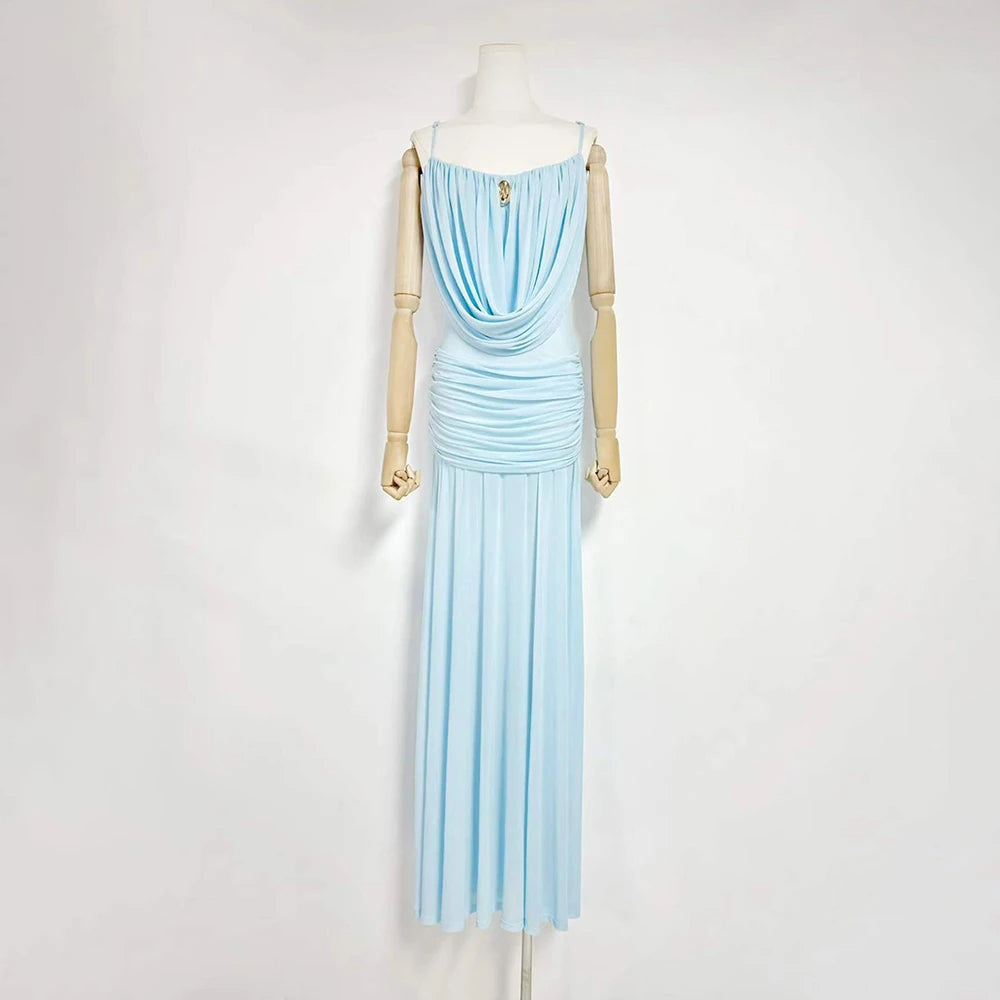 Trend4us Luxe Draped Cowl Sheer Maxi Dress - Blue