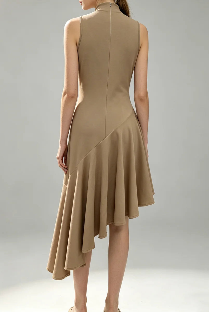 Trend4us Elegant High-Neck Asymmetrical Hem Midi Dress