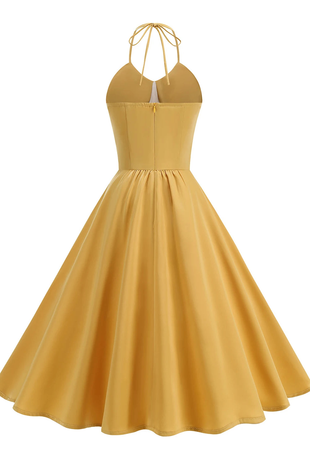 Trend4us Vintage Halter Ruched Summer Fit & Flare Dress in gold back view