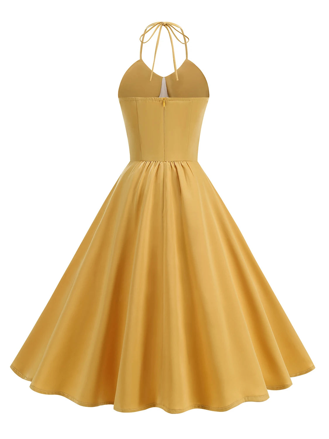 Trend4us Vintage Halter Ruched Summer Fit & Flare Dress in gold back view