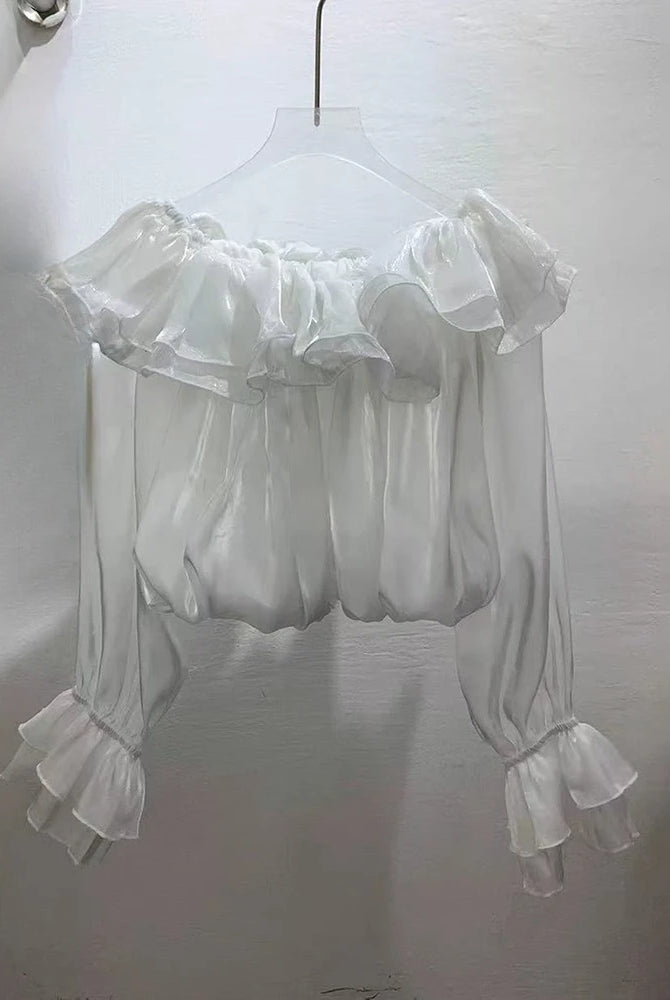 Trend4us Luxe Off-Shoulder Ruffle Organza Crop Blouse - White