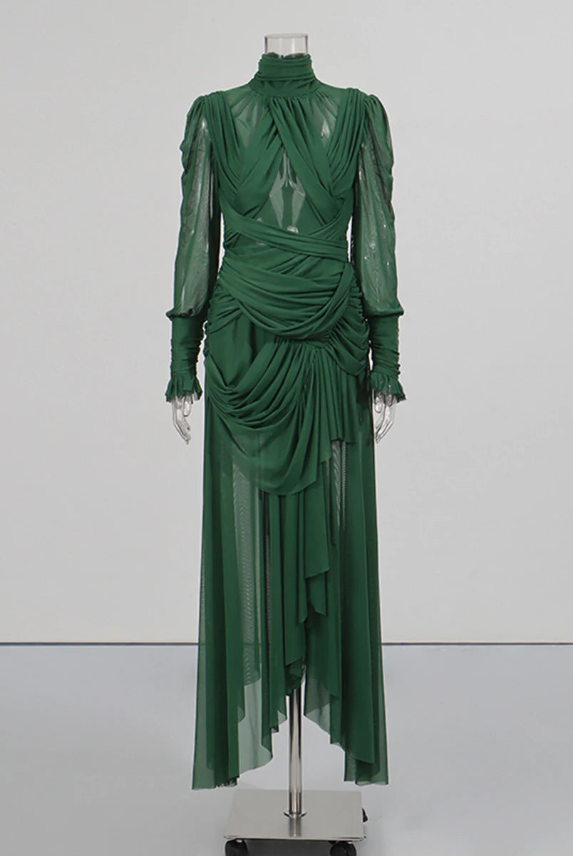 Trend4us Luxe Sheer Draped Illusion High-Neck Evening Gown