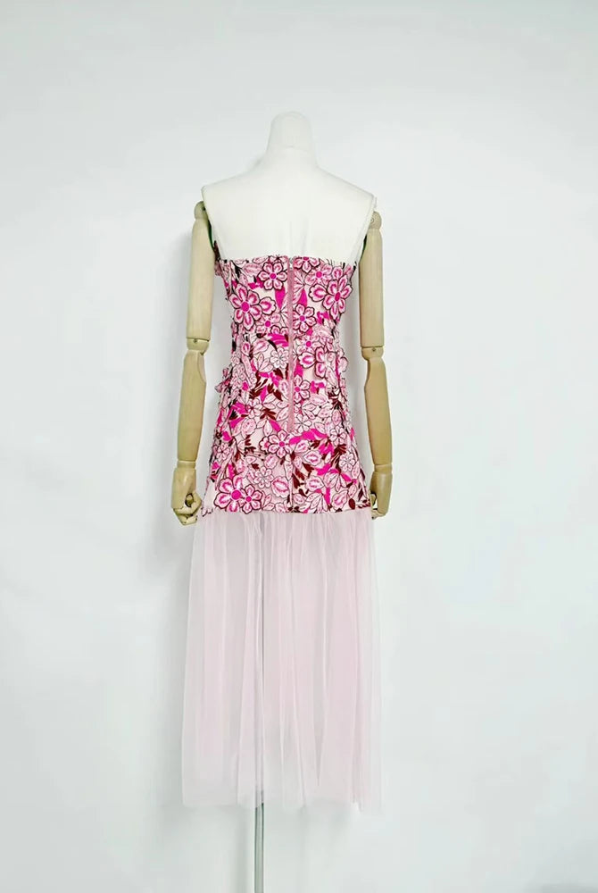 Trend4us Luxe 3D Floral Embroidered Strapless Illusion Evening Dress