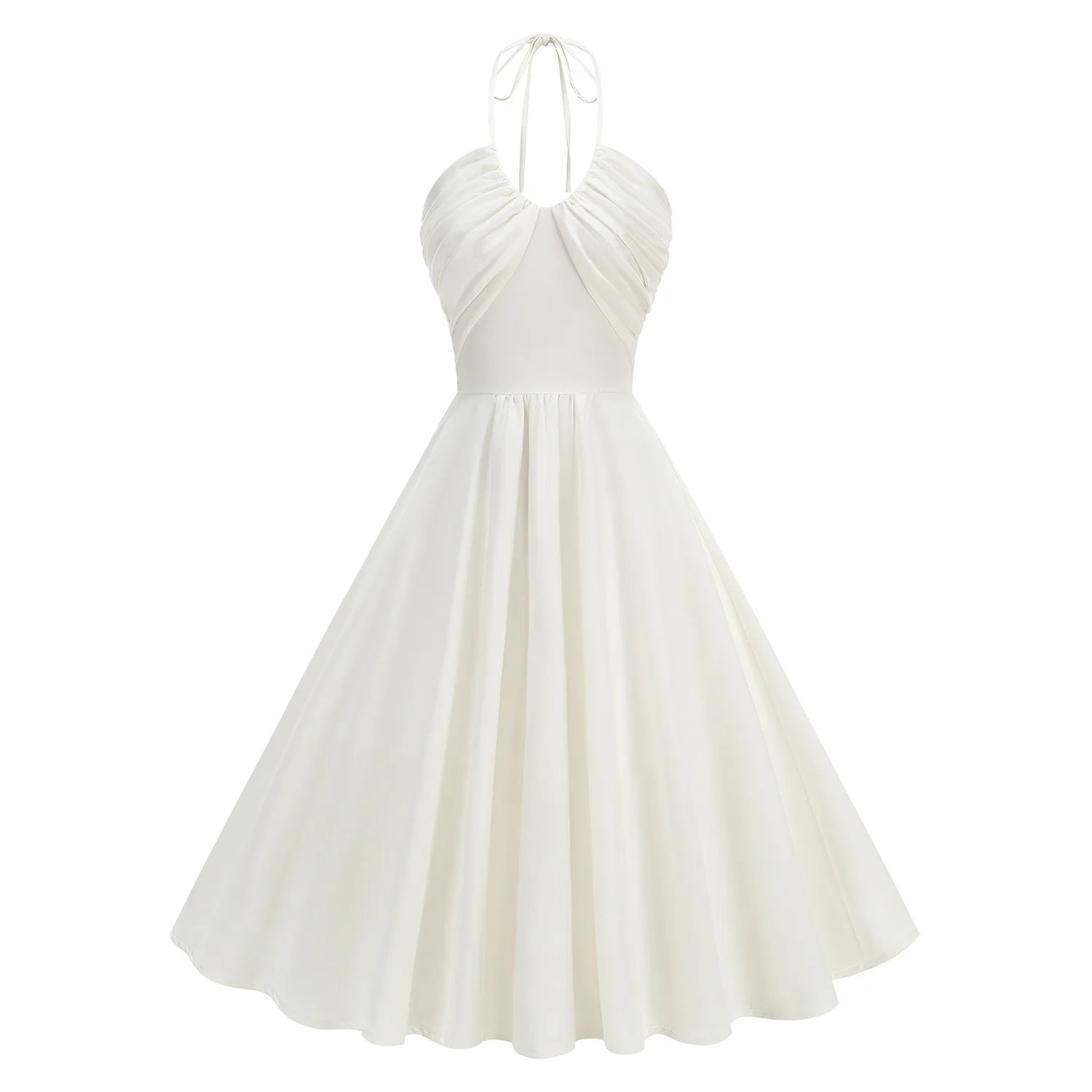 Trend4us Vintage Halter Ruched Summer Fit & Flare Dress white
