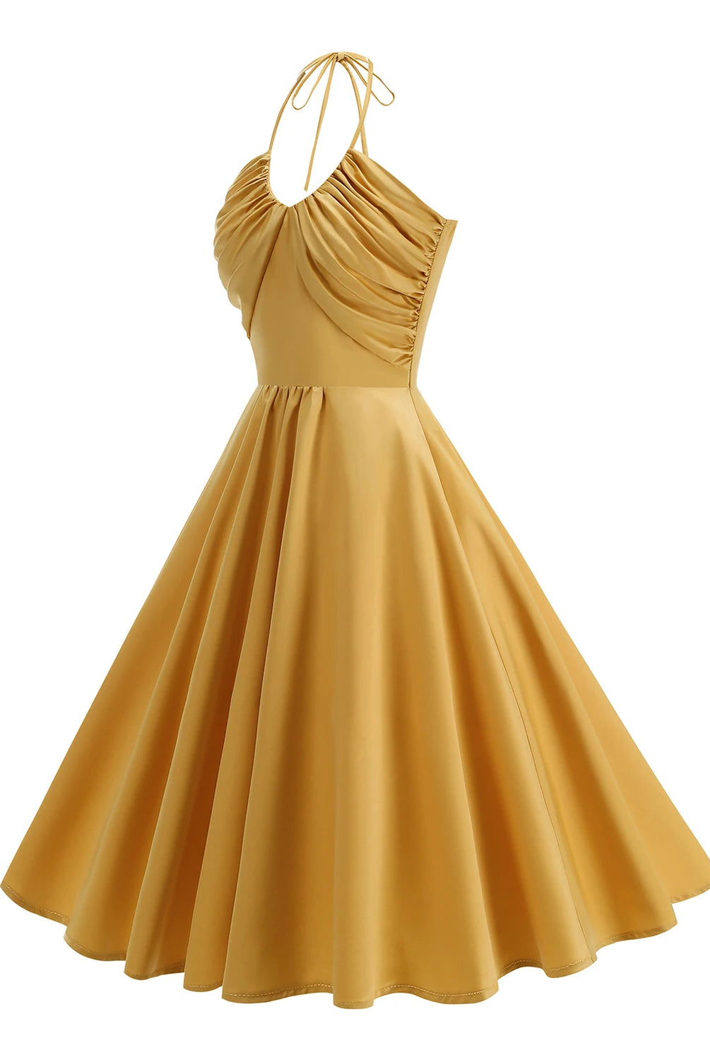 Trend4us Vintage Halter Ruched Summer Fit & Flare Dress in gold side view