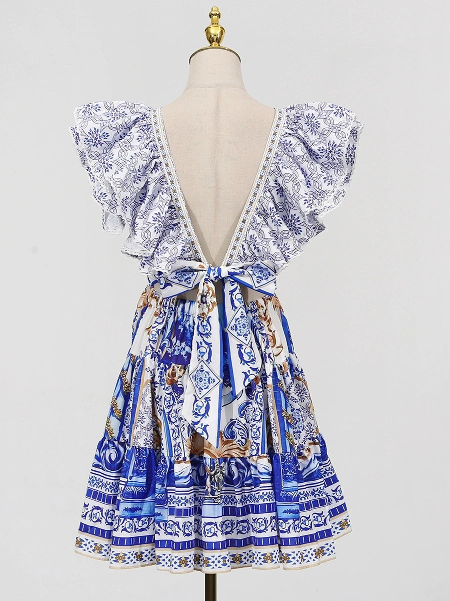 Trend4us Luxe Mediterranean Print Ruffle Mini Dress