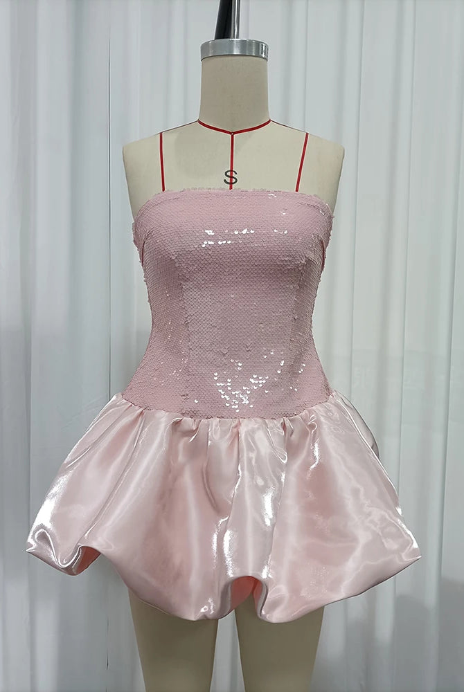 Trend4us Luxe Strapless Sequin Bubble Hem Mini Dress - Pink
