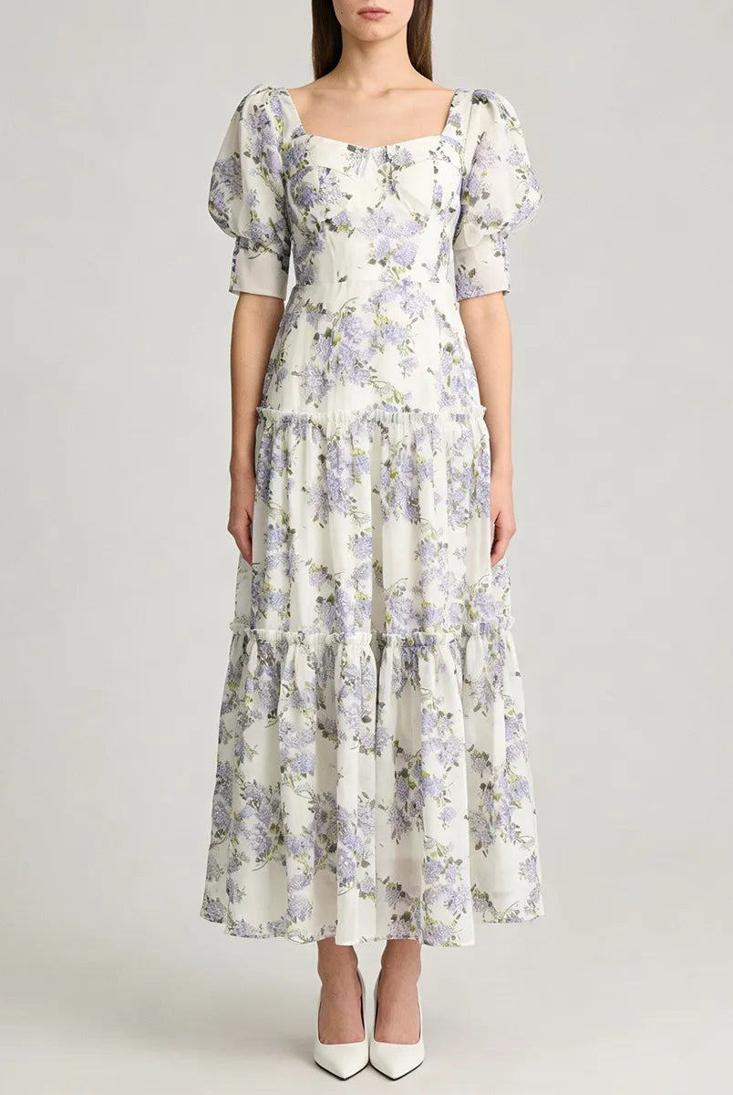 Purple floral lace-up back maxi dress front view