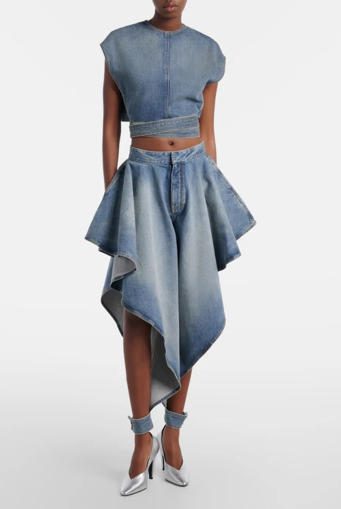 Trend4us Luxe Asymmetrical Denim Crop Top & Draped Skirt Set