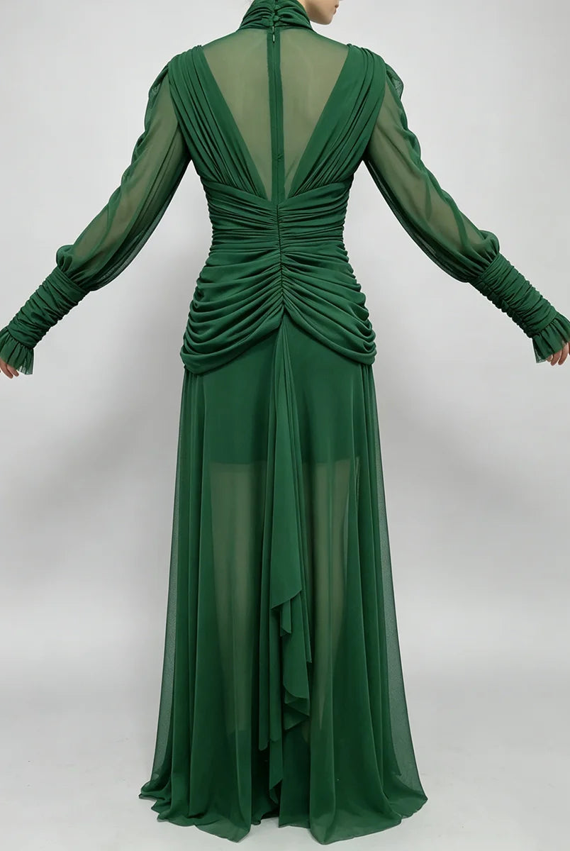 Trend4us Luxe Sheer Draped Illusion High-Neck Evening Gown