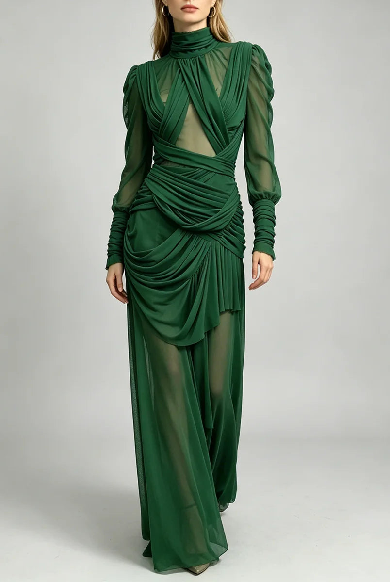 Trend4us Luxe Sheer Draped Illusion High-Neck Evening Gown