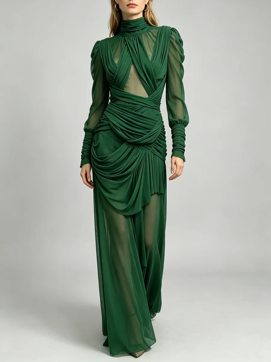 Trend4us Luxe Sheer Draped Illusion High-Neck Evening Gown