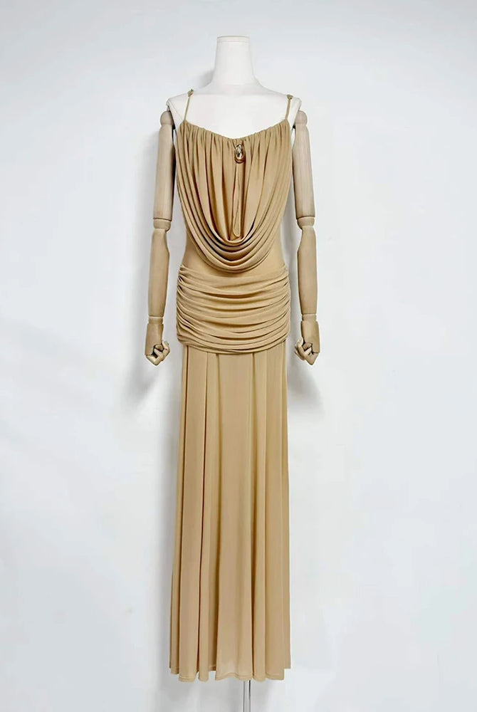 Trend4us Luxe Draped Cowl Sheer Maxi Dress - Khaki