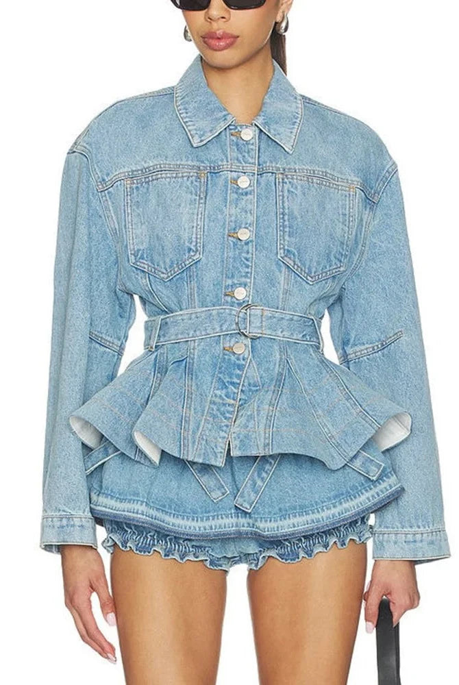 Trend4us Luxe Belted Peplum Denim Jacket & Ruffle Shorts Set in blue