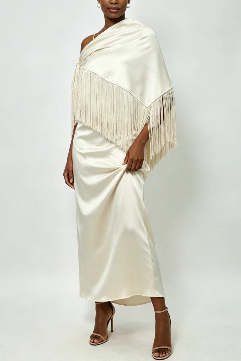Trend4us Luxe Satin Fringe Shawl One-Shoulder Evening Dress