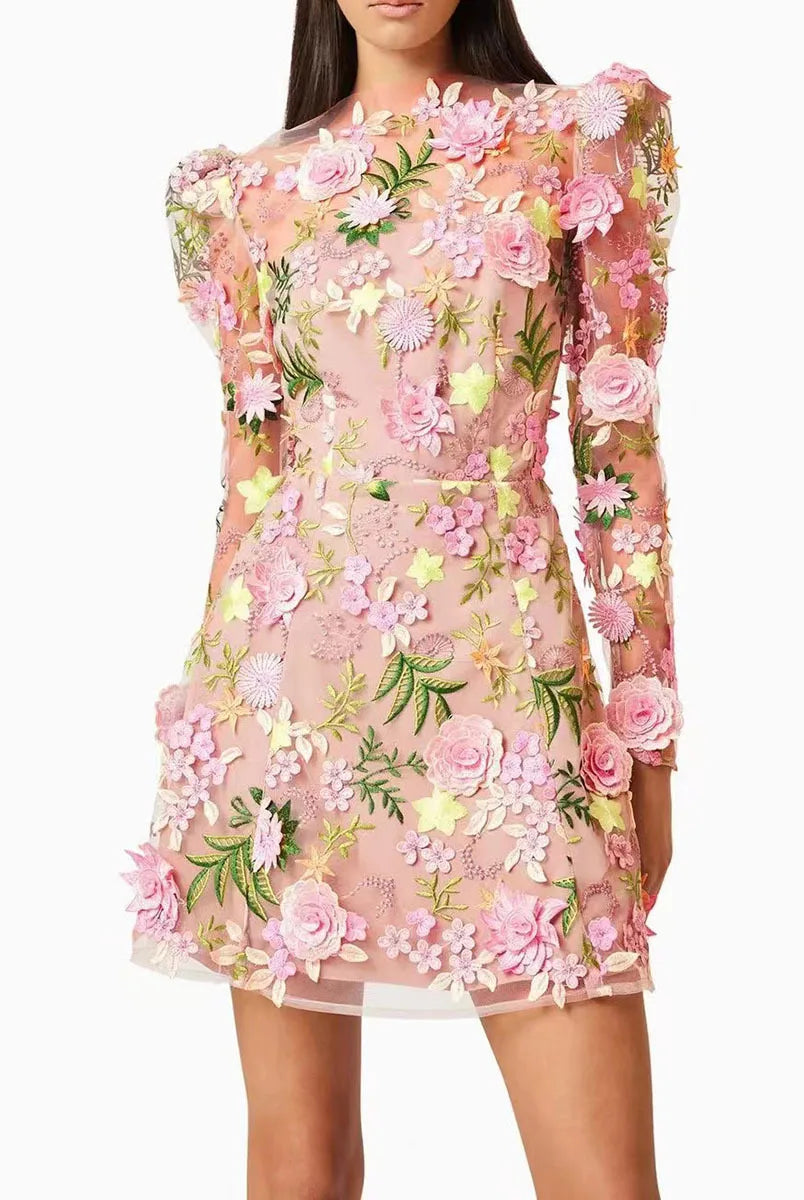 Trend4us Luxe Embroidered 3D Floral Mesh Mini Dress