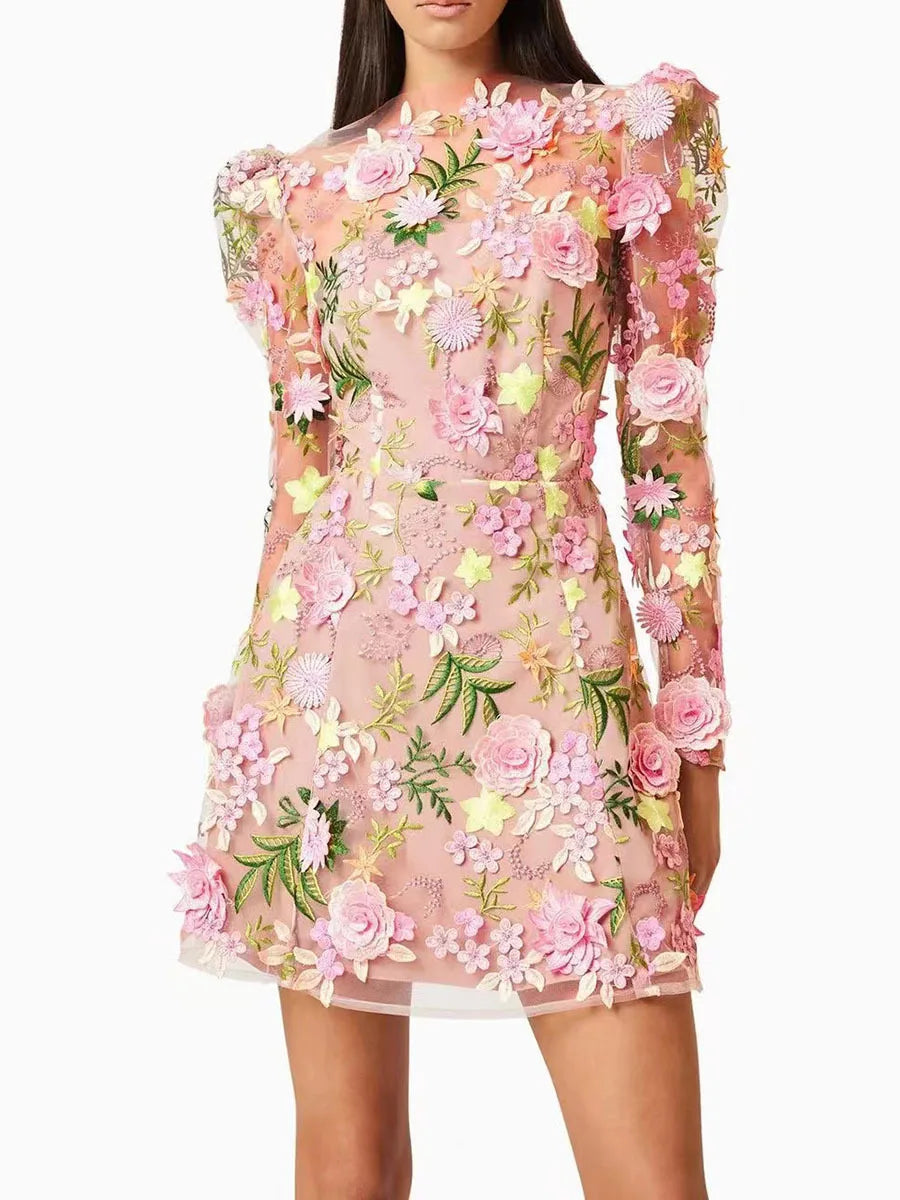 Trend4us Luxe Embroidered 3D Floral Mesh Mini Dress