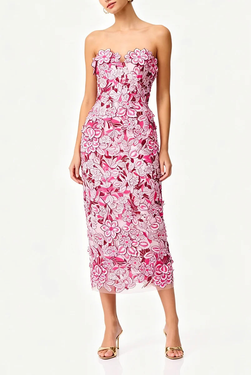 Trend4us Luxe Strapless 3D Floral Embroidered Midi Dress