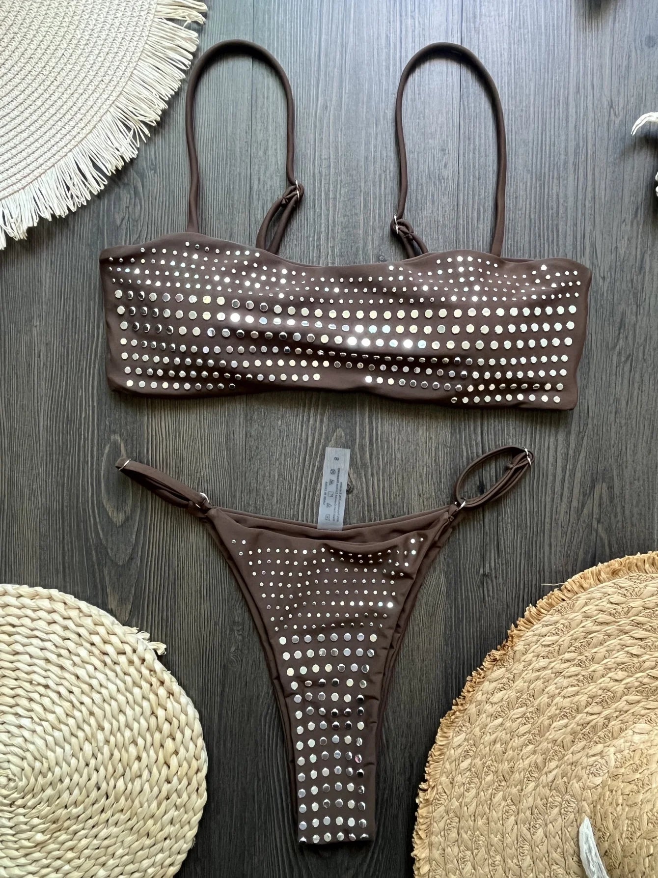 Trend4us Luxe Rhinestone Bandeau Bikini Set in brown