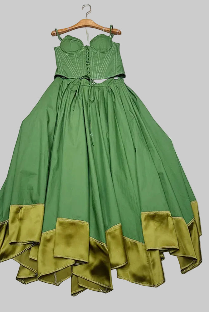Trend4us Vintage Corset Crop Top & Satin Hem Maxi Skirt Set
