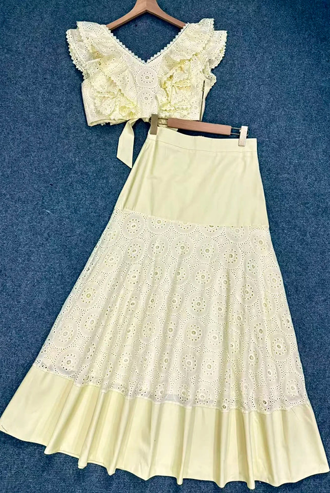 Trend4us Luxe Eyelet Lace Ruffle Crop Top & Midi Skirt Set - Yellow
