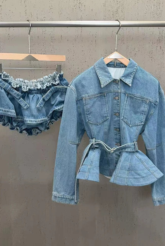 Trend4us Luxe Belted Peplum Denim Jacket & Ruffle Shorts Set in blue
