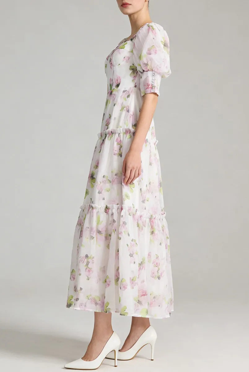 Pink floral lace-up back maxi dress side view