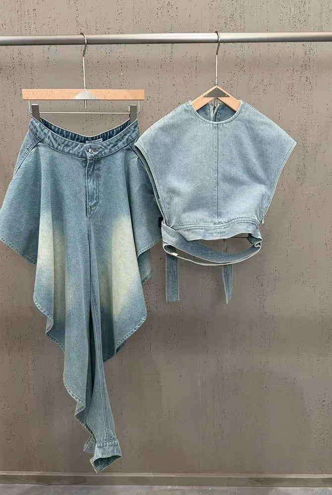 Trend4us Luxe Asymmetrical Denim Crop Top & Draped Skirt Set in blue