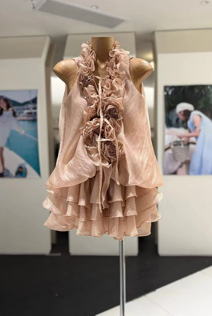 Trend4us Luxe 3D Rosette Ruffle Blouse & Layered Shorts Set