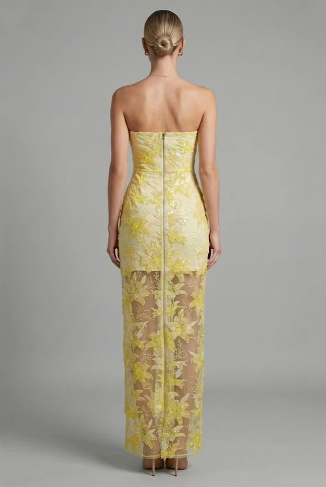 Trend4us Luxe Strapless Floral Sequin Embroidered Maxi Dress