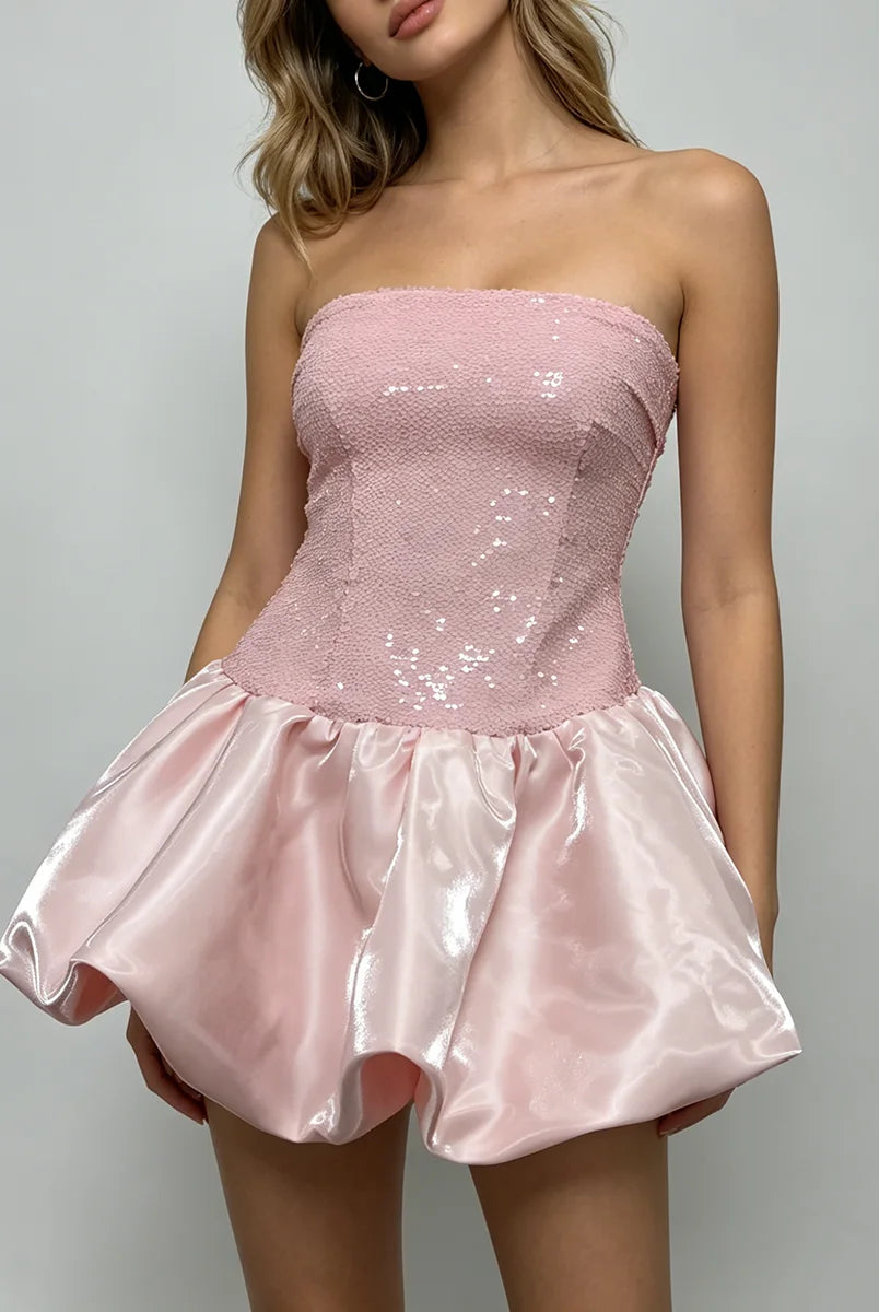 Trend4us Luxe Strapless Sequin Bubble Hem Mini Dress