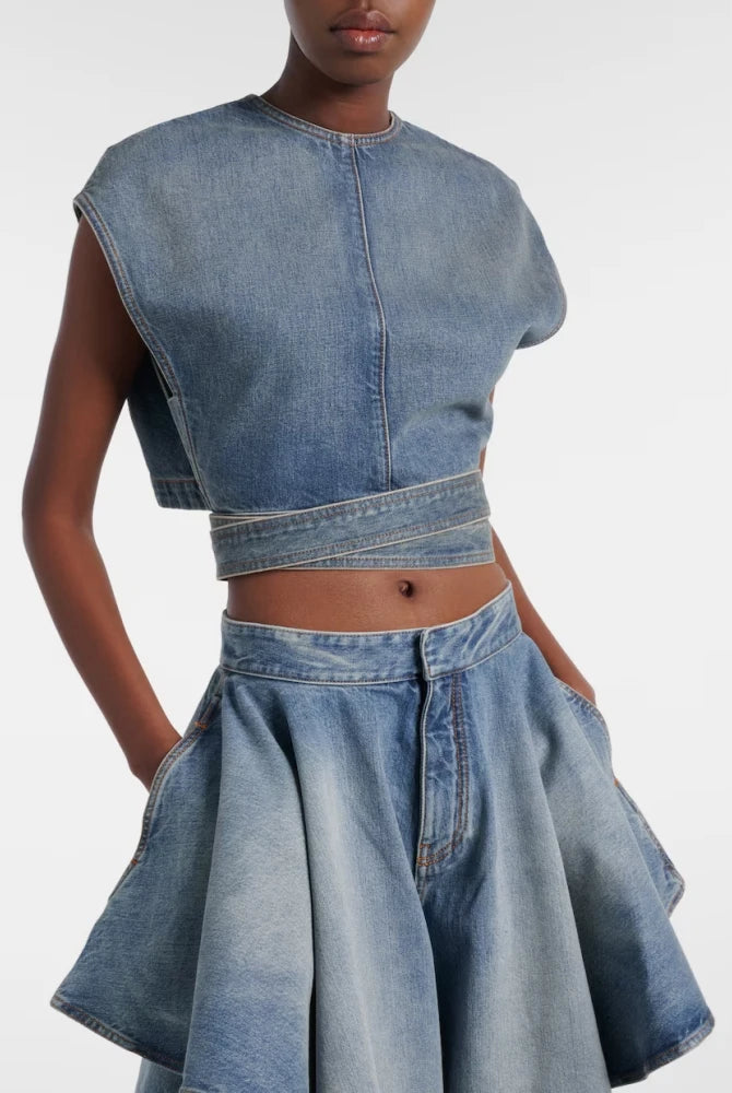 Trend4us Luxe Asymmetrical Denim Crop Top & Draped Skirt Set