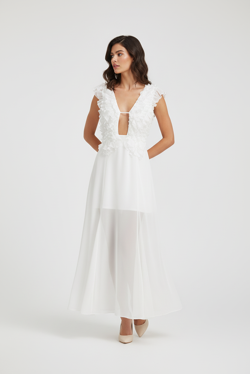 Woman wearing a white floral dress from Trend4us