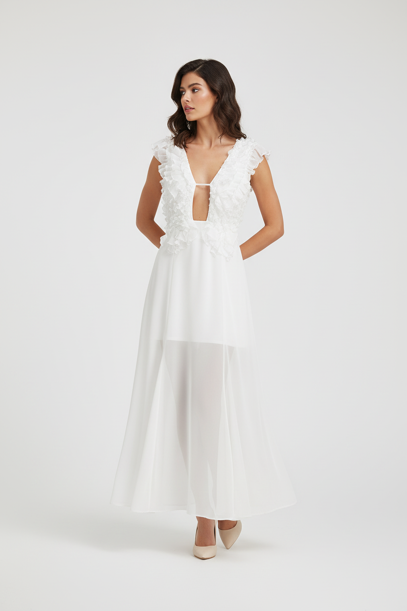 Woman wearing a white floral dress from Trend4us