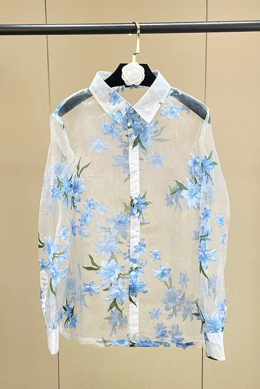 Trend4us Sheer Floral Print Blouse – Women's Sky Blue Button-Up