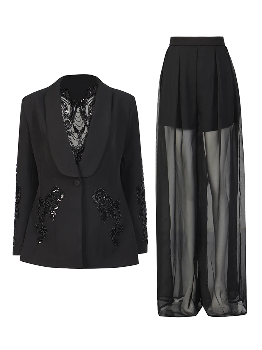 Crystal beaded blazer and sheer wide-leg pants set in black